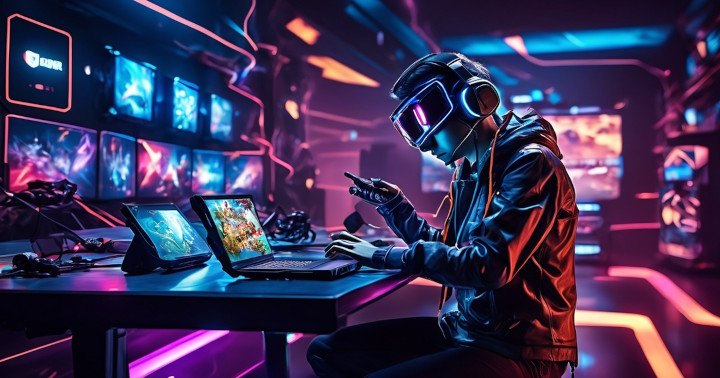 Online gamer dressed like cyber pirate playing on computer